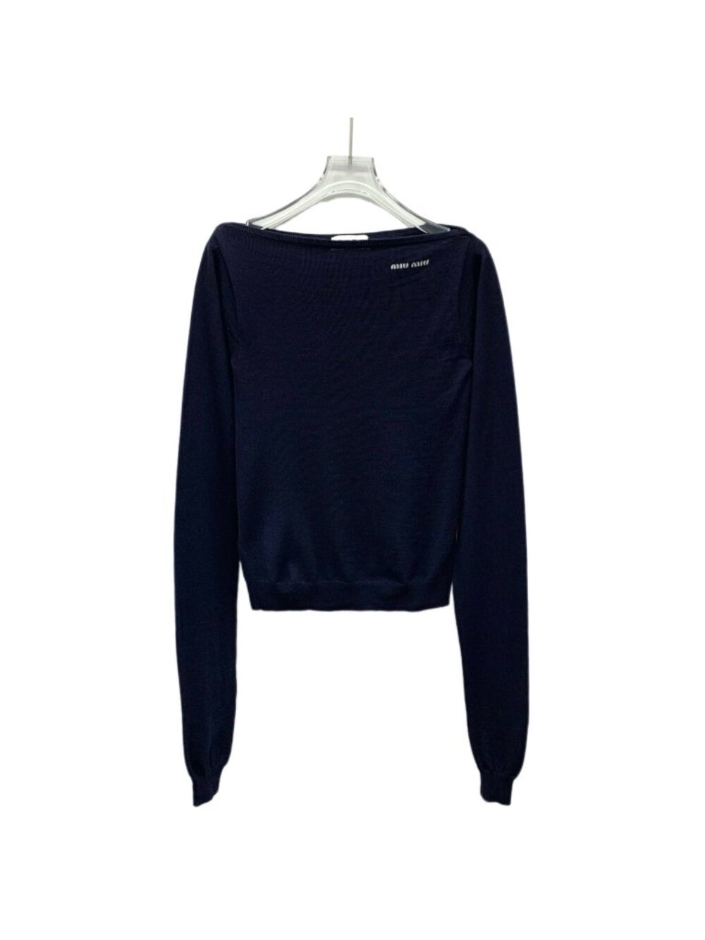 Miu Miu 24 Collection Navy Blue Logo Lettering Wool Crew Neck Knit Sweater